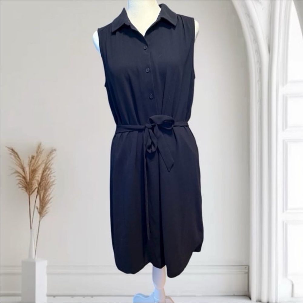 LOFT Sleeveless Black Button-Front Midi Dress with Tie Waist